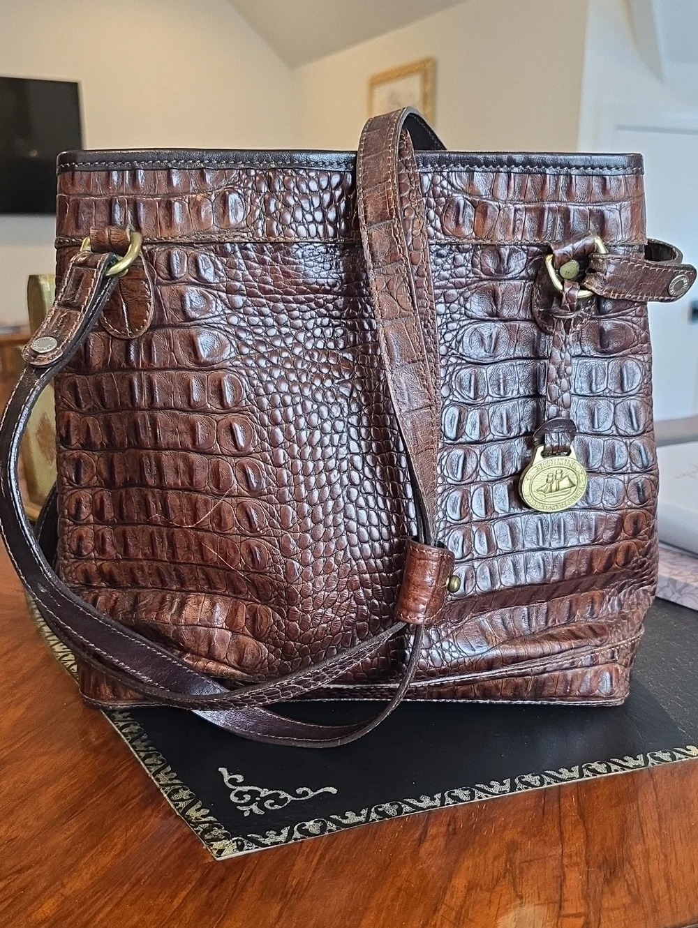 Brahmin Brown Croc-Embossed Leather Shoulder Bag